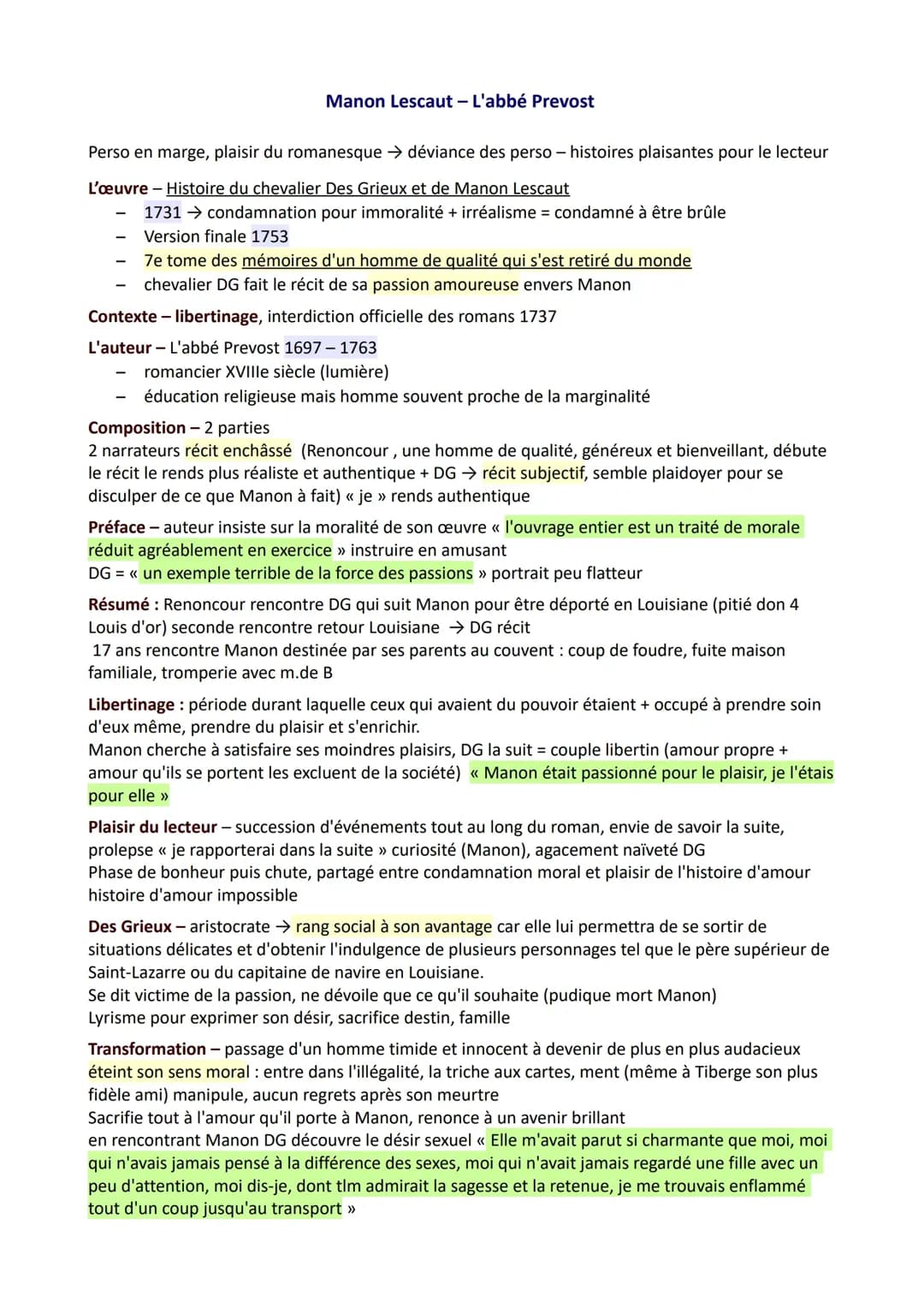 Manon Lescaut: Bac Fiche de Lecture et Analyse Linéaire