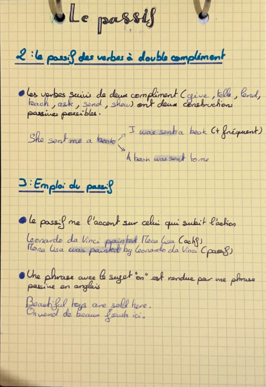 LE PASSIF
Les points clés
1: Formation du passif
• le passif se forme avec be suivi du participe passé
du verbe employé.
This hotel was buil