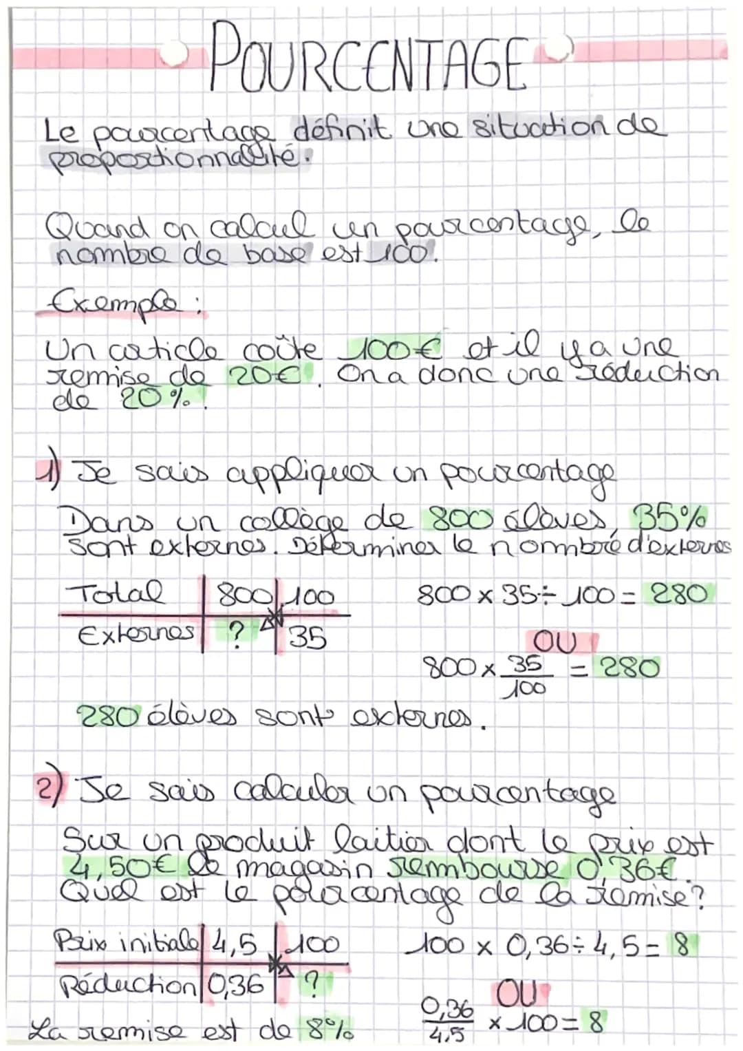 POURCENTAGE
Le pourcentage définit une situation de
proportionnalité.
Quand on calcul un pourcentage, le
nombre de base est 100.
Exemple:
Un