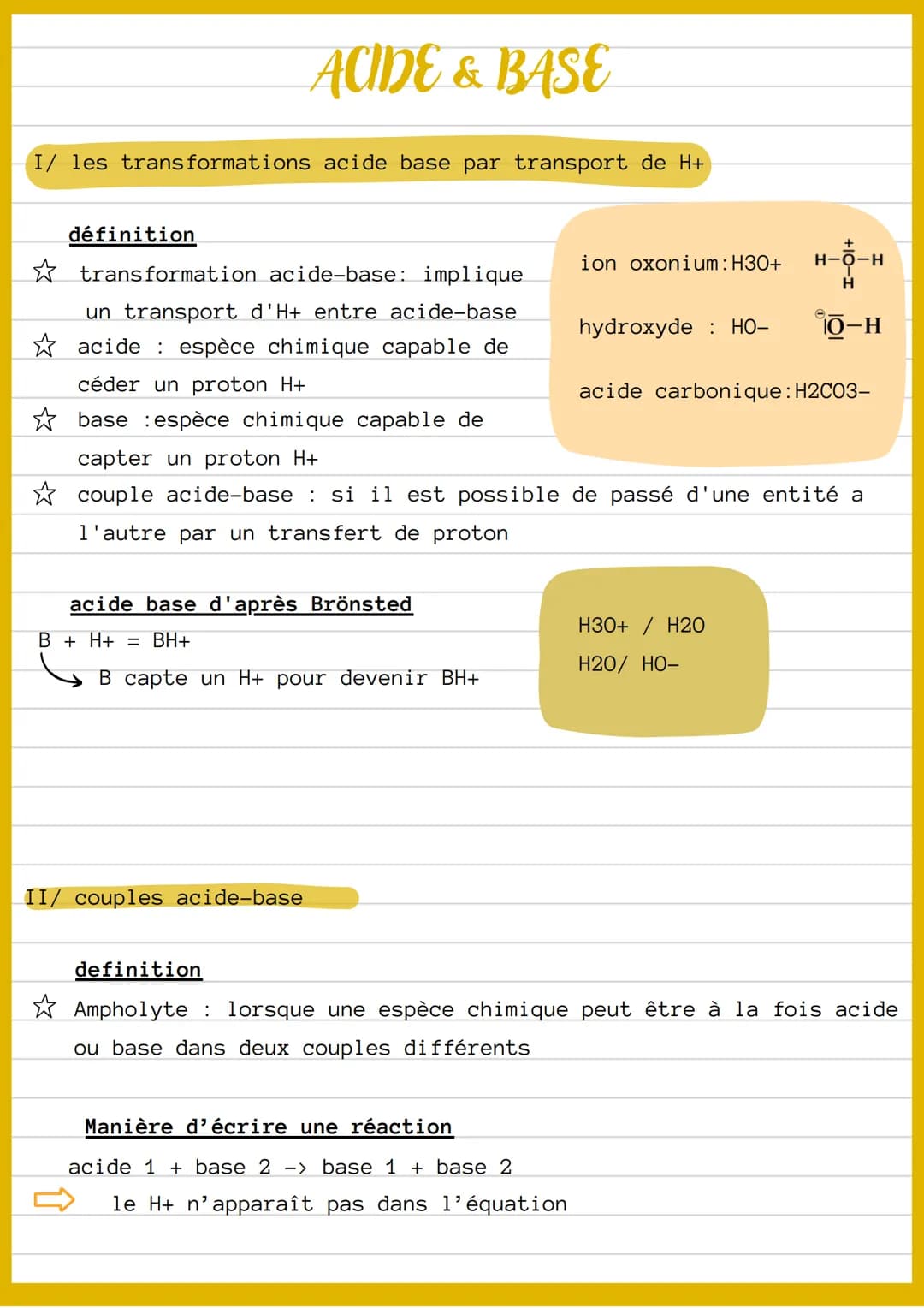 I/ les transformations acide base par transport de H+
définition
ACIDE & BASE
transformation acide-base: implique
un transport d'H+ entre ac