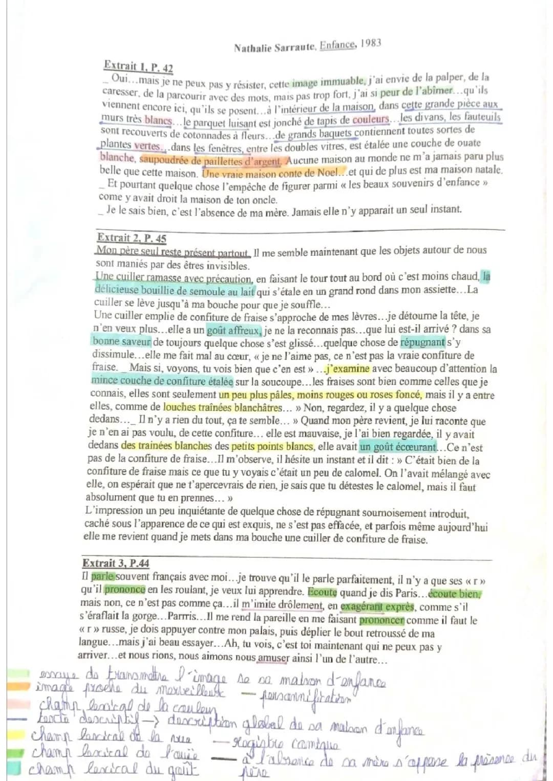 Analyse des extraits 42, 44, et 45 d'Enfance de Nathalie Sarraute