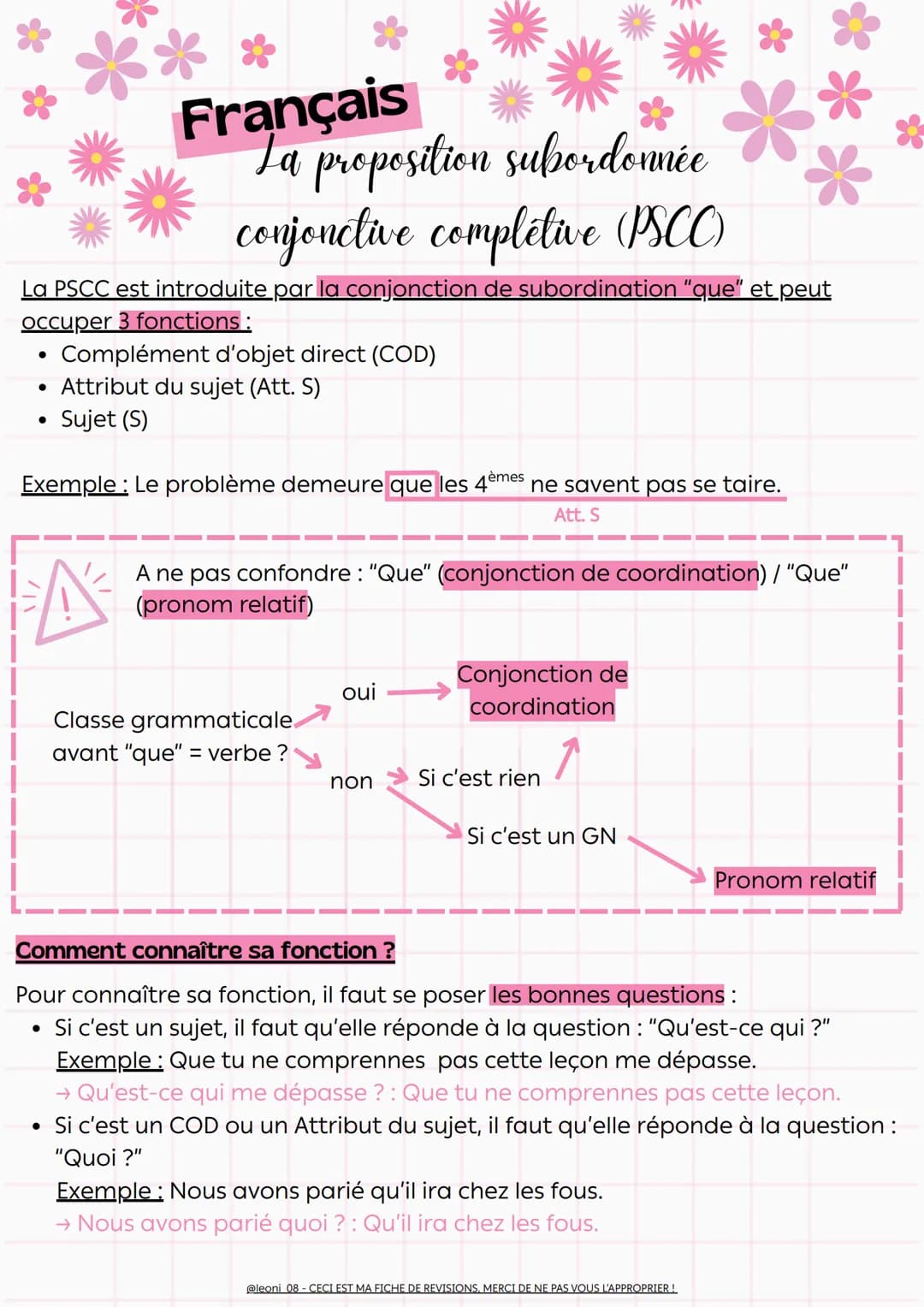 # Français

# La proposition subordonnée conjonctive complétive (PSCC)

La PSCC est introduite par la conjonction de subordination "que" et 