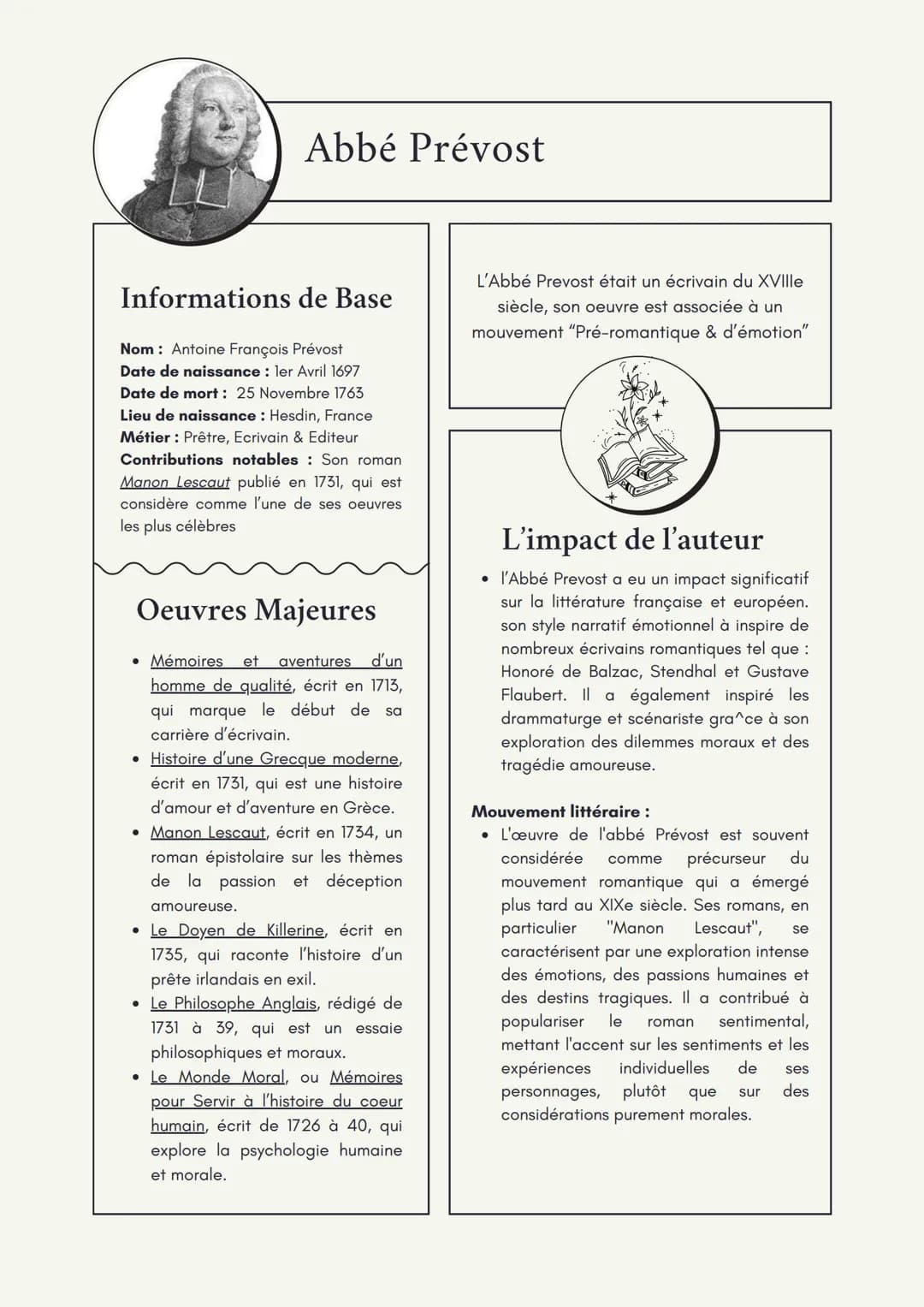 Abbé Prévost
Informations de Base
Nom : Antoine François Prévost
Date de naissance : ler Avril 1697
Date de mort: 25 Novembre 1763
Lieu de n