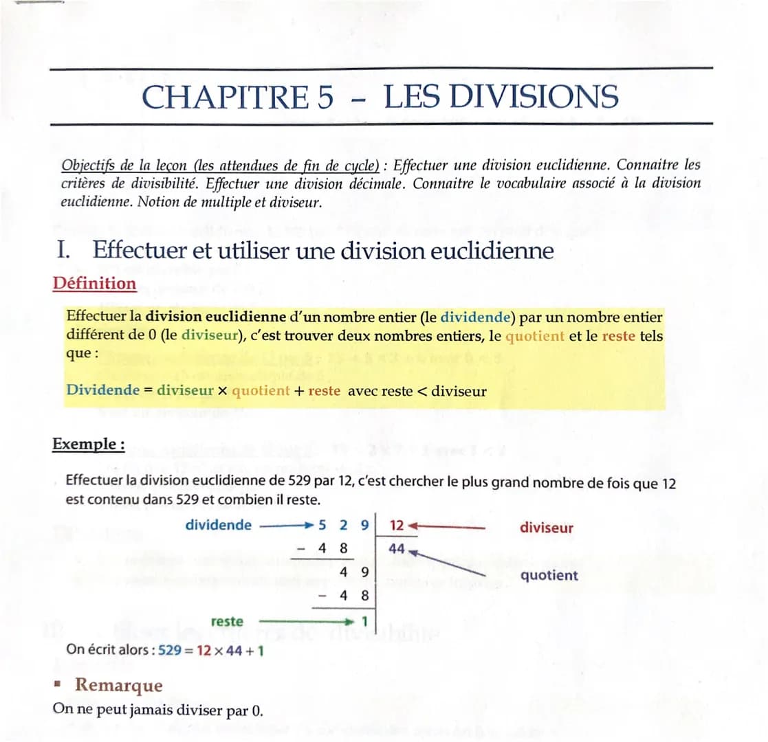 CHAPITRE 5 - LES DIVISIONS
Objectifs de la leçon (les attendues de fin de cycle): Effectuer une division euclidienne. Connaitre les
critères