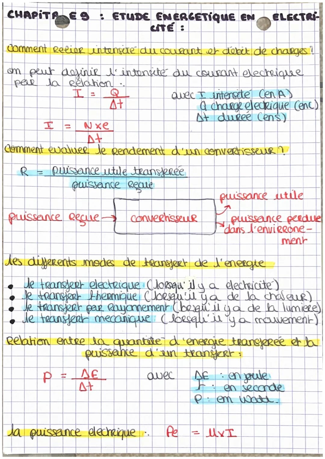 CHAPITAE 9 : ETUDE ENERGETIQUE EN
CITÉ :
Comment Relier intensité du courant et débit de charges ?
on peut definir l'intensité du courant el