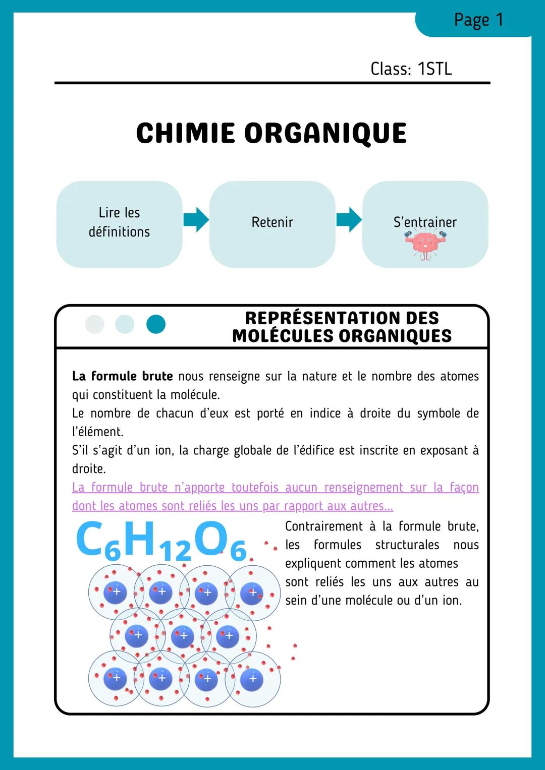 --- OCR Start ---
Page 1
Class: 1STL
CHIMIE ORGANIQUE
Lire les
définitions
Retenir
S'entrainer
REPRÉSENTATION DES
MOLÉCULES ORGANIQUES
La fo