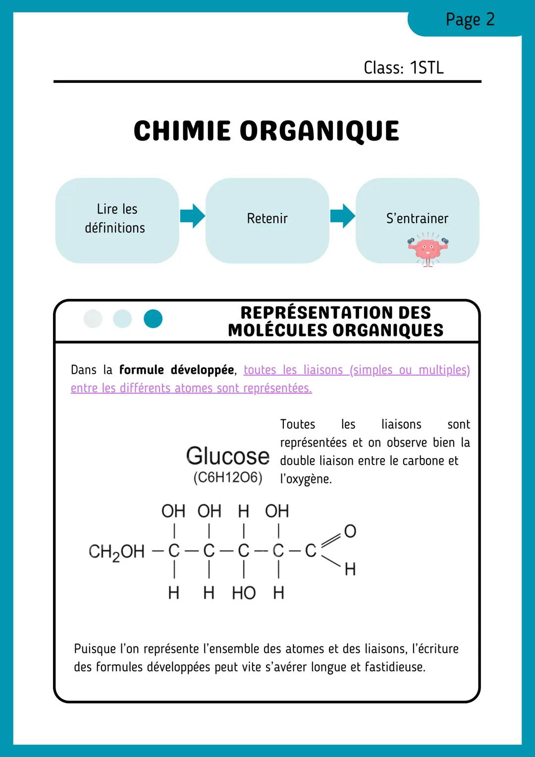 --- OCR Start ---
Page 1
Class: 1STL
CHIMIE ORGANIQUE
Lire les
définitions
Retenir
S'entrainer
REPRÉSENTATION DES
MOLÉCULES ORGANIQUES
La fo