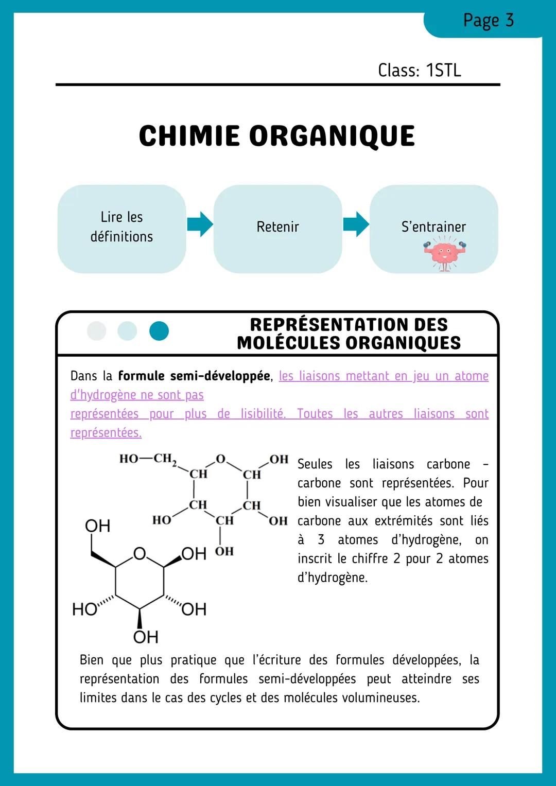 --- OCR Start ---
Page 1
Class: 1STL
CHIMIE ORGANIQUE
Lire les
définitions
Retenir
S'entrainer
REPRÉSENTATION DES
MOLÉCULES ORGANIQUES
La fo