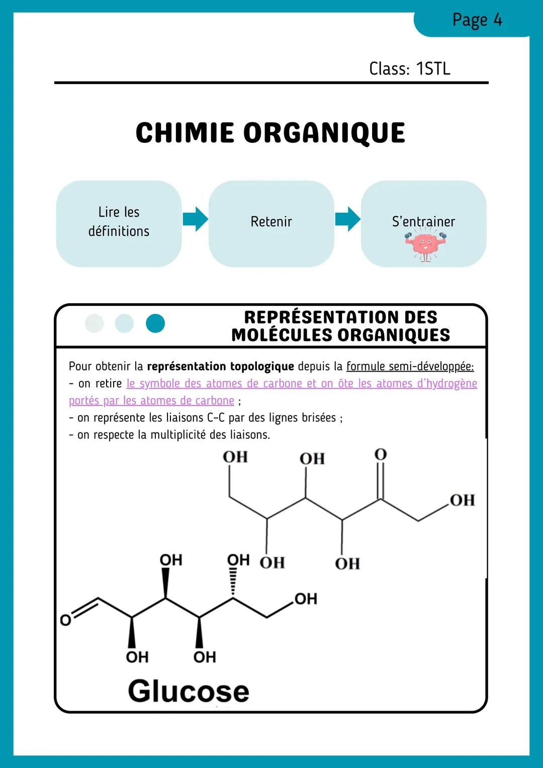 --- OCR Start ---
Page 1
Class: 1STL
CHIMIE ORGANIQUE
Lire les
définitions
Retenir
S'entrainer
REPRÉSENTATION DES
MOLÉCULES ORGANIQUES
La fo