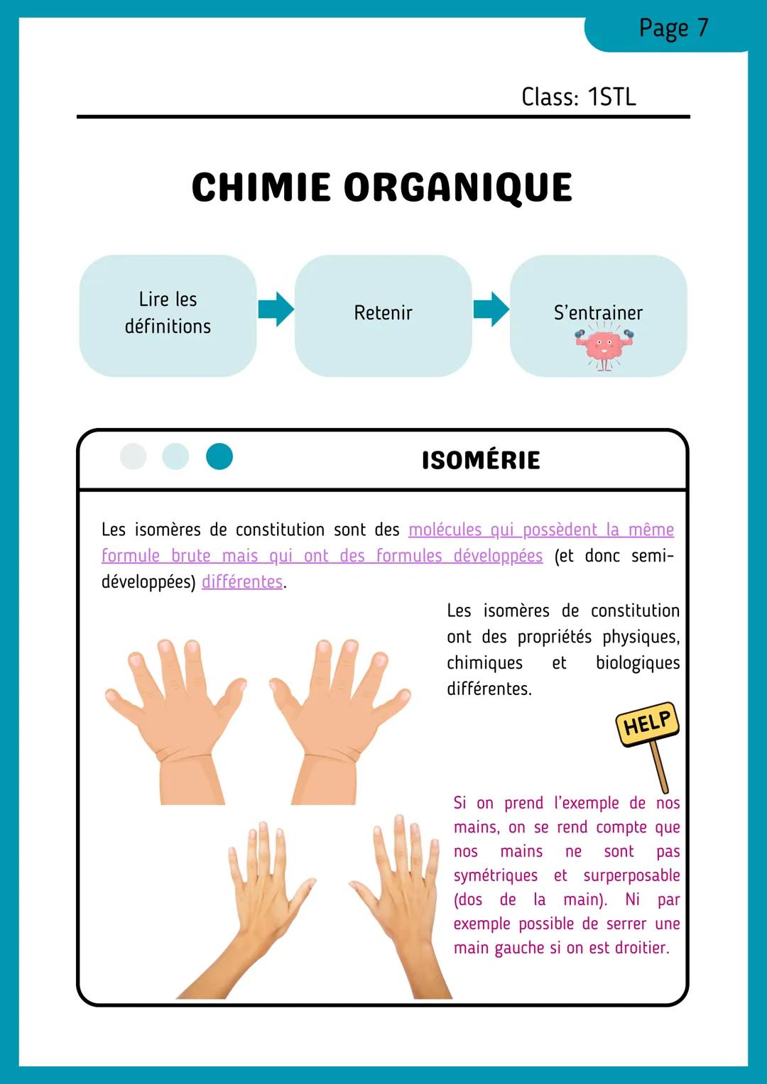 --- OCR Start ---
Page 1
Class: 1STL
CHIMIE ORGANIQUE
Lire les
définitions
Retenir
S'entrainer
REPRÉSENTATION DES
MOLÉCULES ORGANIQUES
La fo