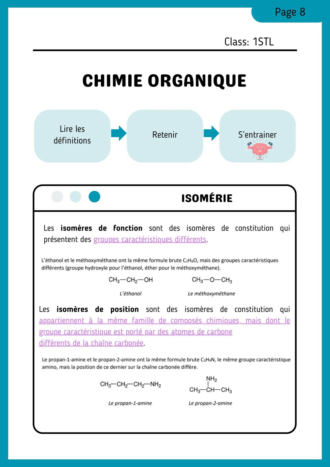 --- OCR Start ---
Page 1
Class: 1STL
CHIMIE ORGANIQUE
Lire les
définitions
Retenir
S'entrainer
REPRÉSENTATION DES
MOLÉCULES ORGANIQUES
La fo