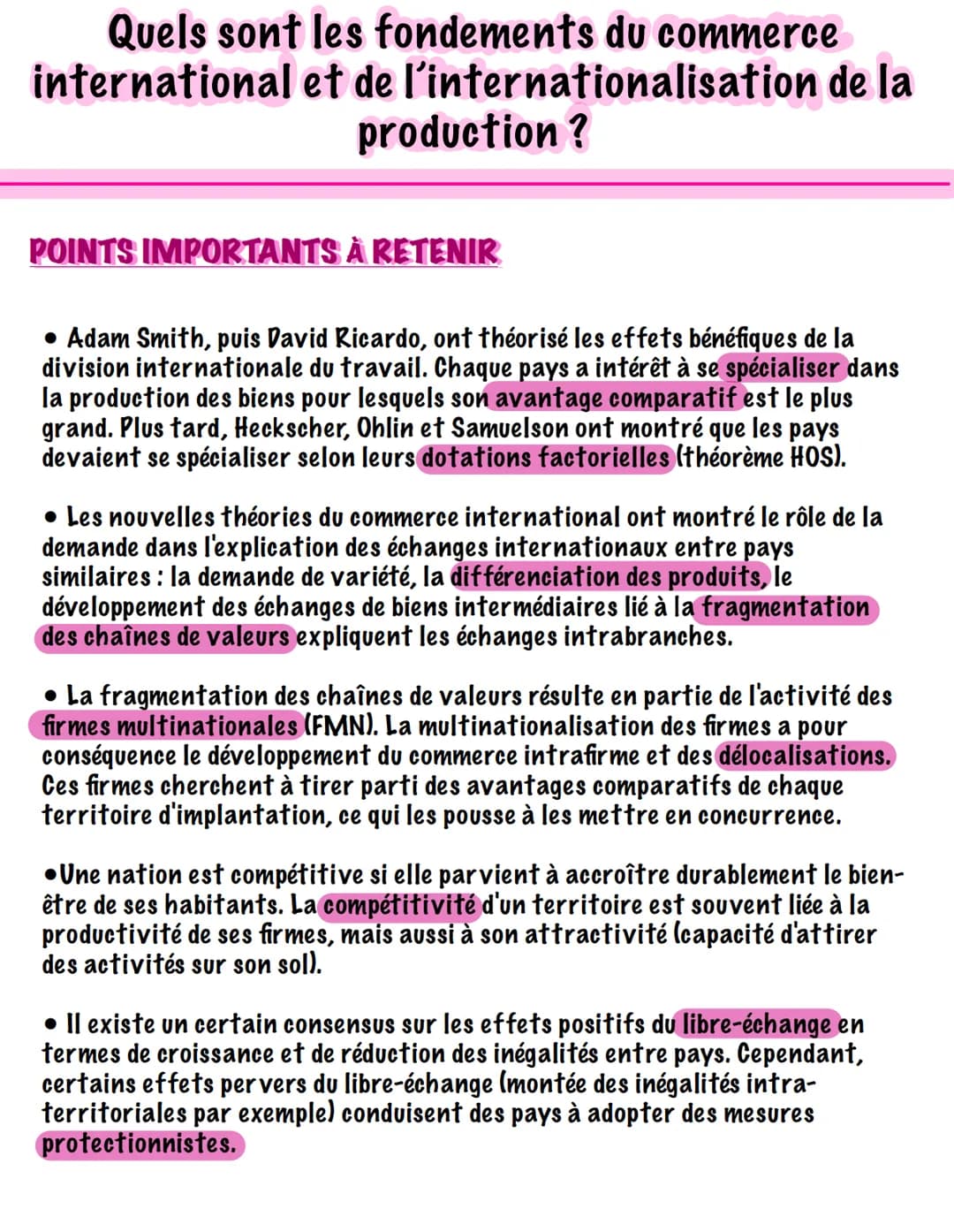 international et de
Quels sont les fondements du commerce
l'internationalisation de la
production ?
POINTS IMPORTANTS À RETENIR
• Adam Smith