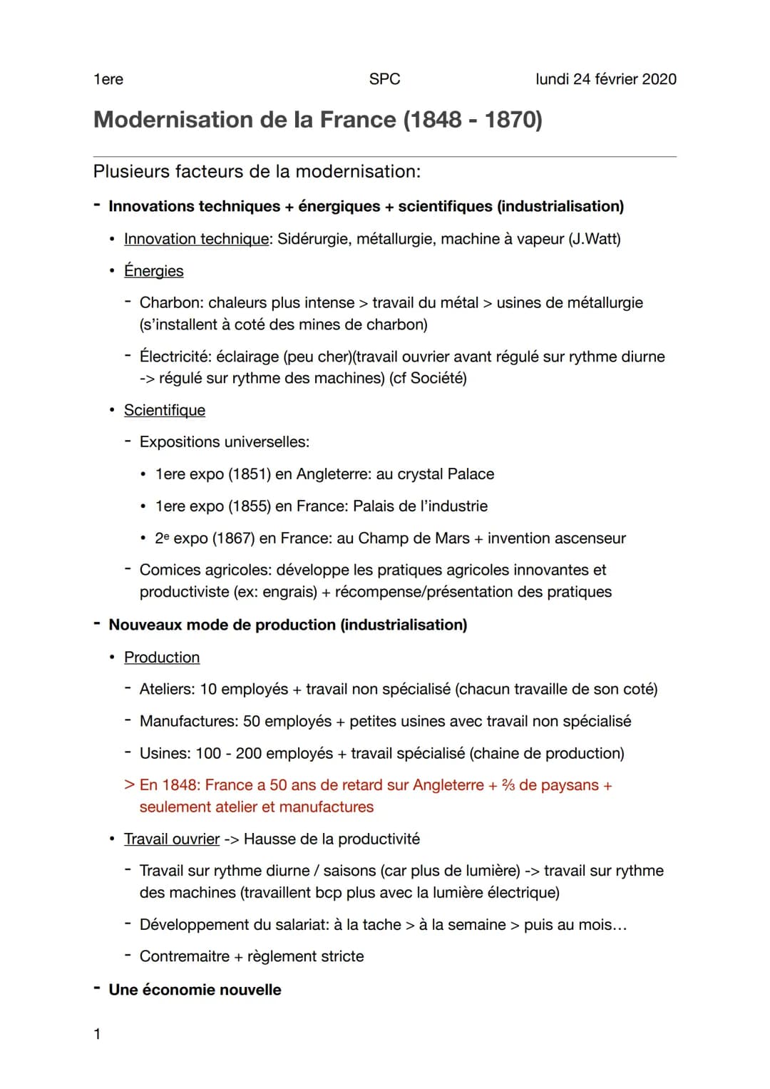 1ere
Modernisation de la France (1848-1870)
1
Plusieurs facteurs de la modernisation:
Innovations techniques + énergiques + scientifiques (i