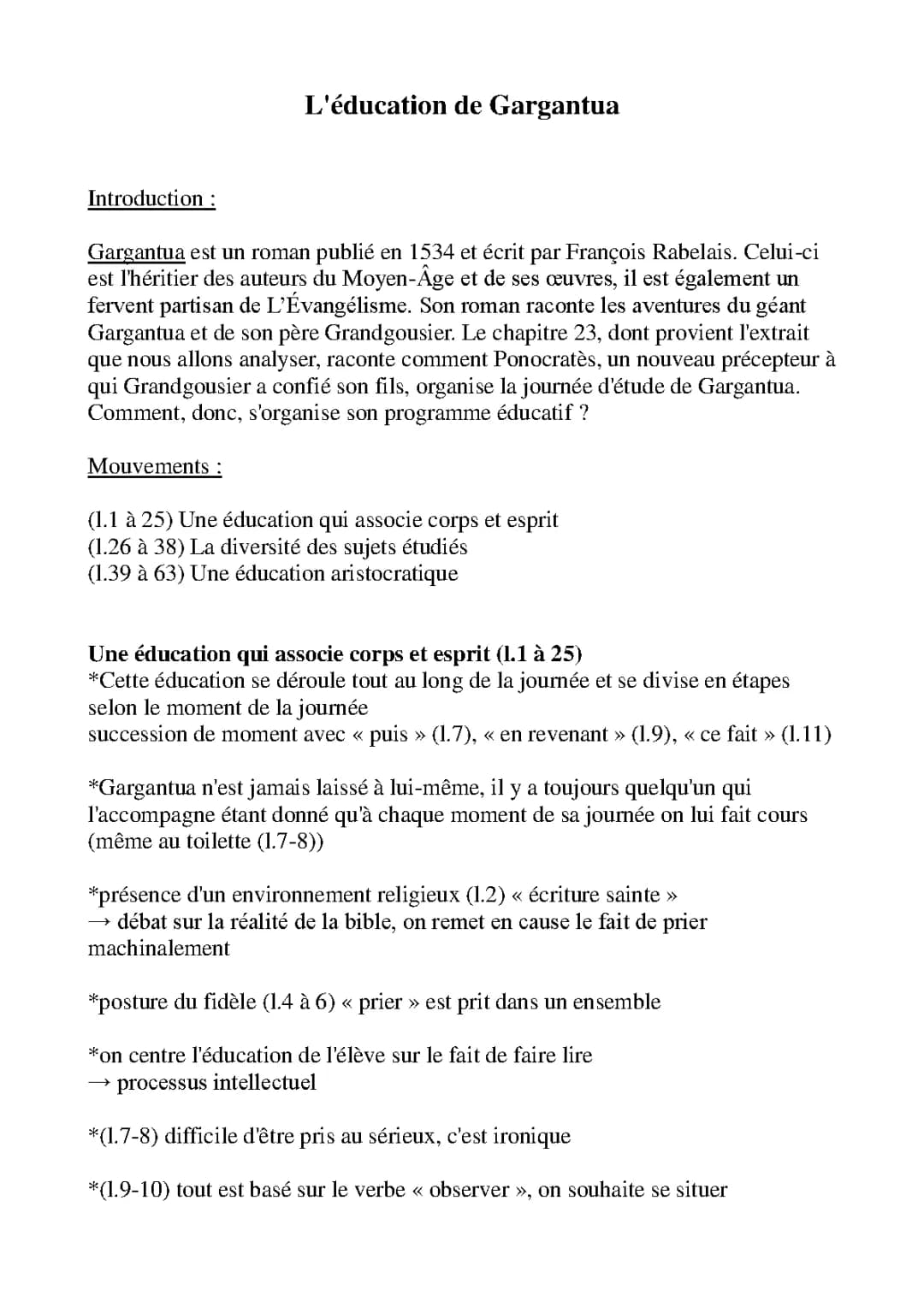 Gargantua Chapitre 23 Analyse Linéaire PDF - L’Éducation de Gargantua et Résumé