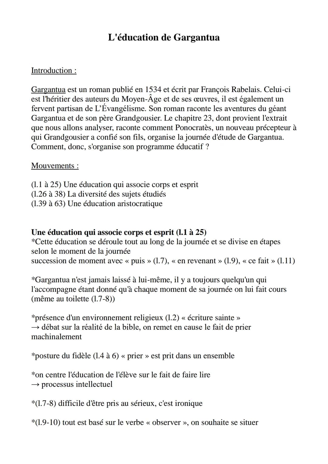 Introduction :
L'éducation de Gargantua
Gargantua est un roman publié en 1534 et écrit par François Rabelais. Celui-ci
est l'héritier des au