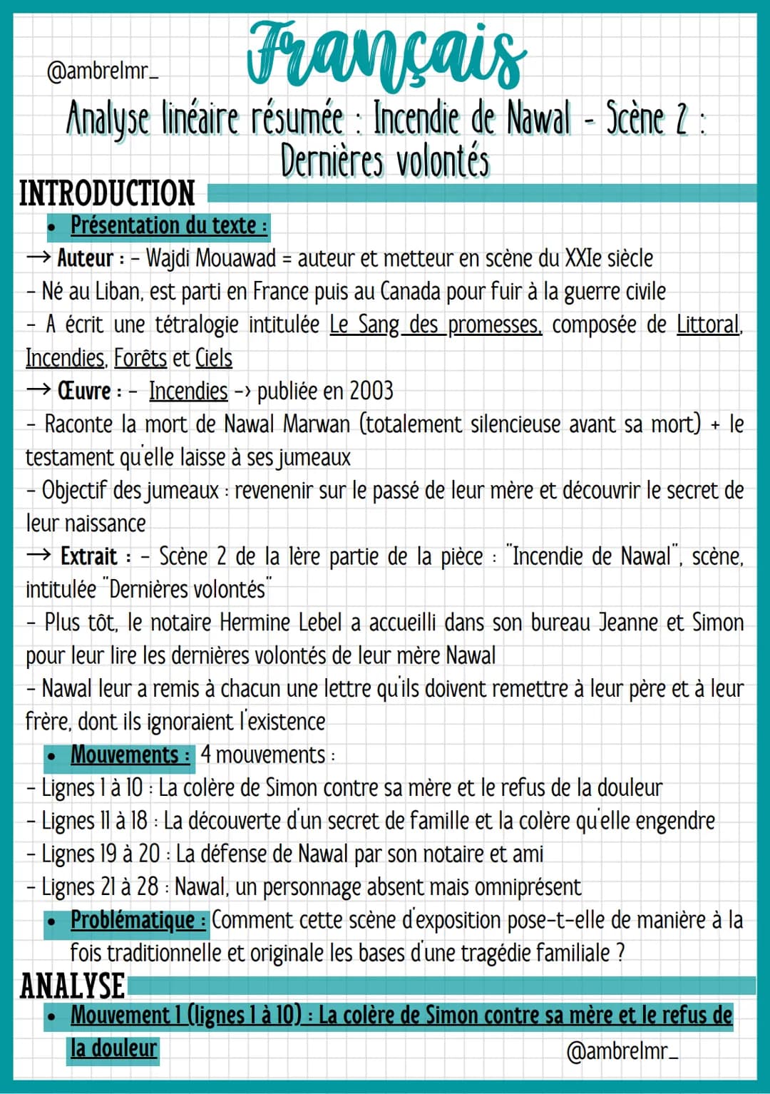 Français
@ambrelmr_
Analyse linéaire résumée : Incendie de Nawal - Scène 2:
Dernières volontés
INTRODUCTION
Présentation du texte :
→ Auteur