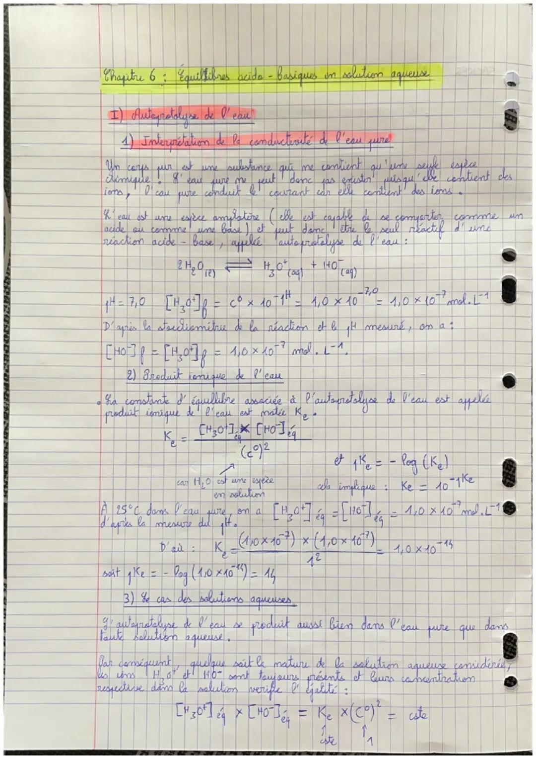 Chapitre 6 : Equillibres acido-basiques in solution
I) Autoprotolyse de l'eau
1) Interprétation de la conductivité de l'eau
Un corps or go l