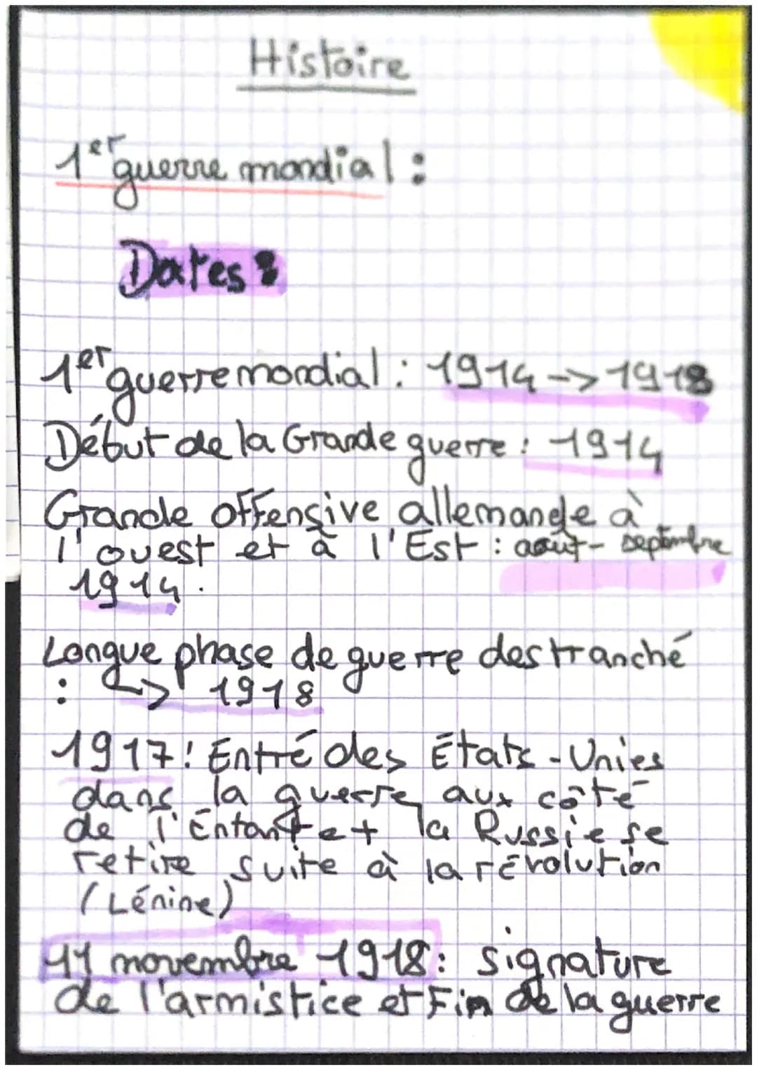 Histoire
1° guerre mondial:
Dates &
yer
guerre mondial 1914->14-18
Début de la Grande guerre : 1914
Grande offensive allemande a
I ovest et 