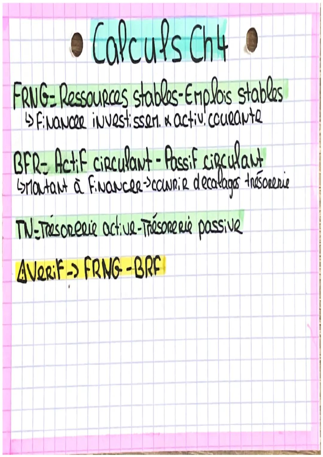 • Calculs Ch4 •
www
FRNG-Ressources stables-Emploss stables
↳ FinanceR investissem. & activ! courante
Hisar A
BFR- Actif circulant - Passif 