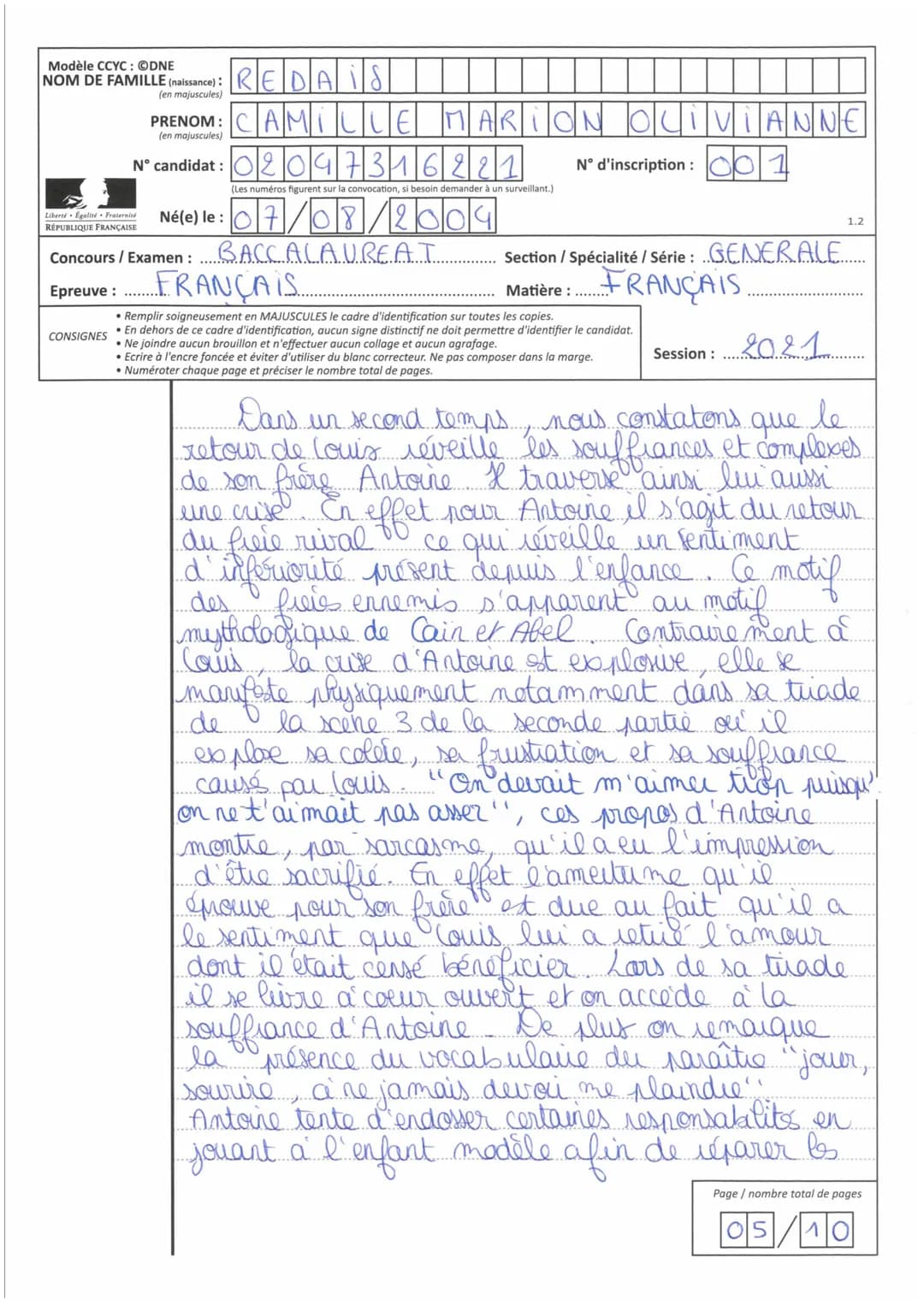 ZibensEgalite Prateres
REPUBLIQUE FRANÇAISE
Série
Session
Epreuve
Sujet
MINISTERE
DE L'ÉDUCATION
NATIONALE
Nom de famille (naissance, usage)