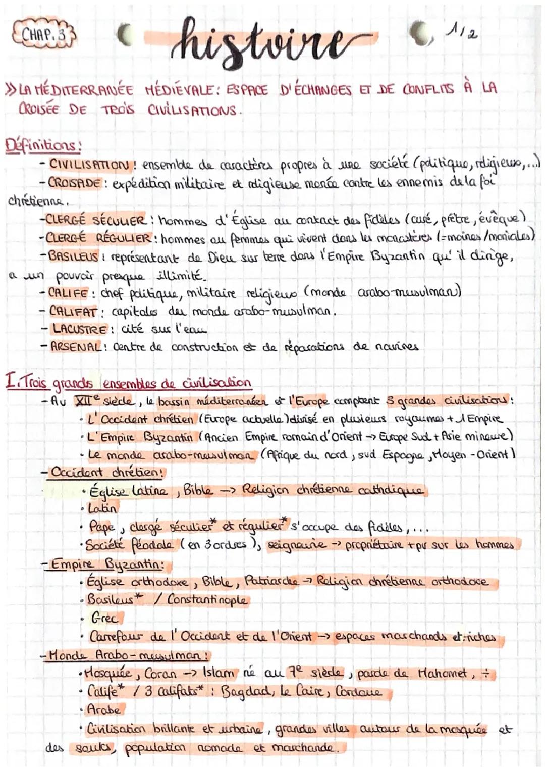 CHAP. 37
»LA HÉDITERRANÉE
HÉDIÉVALE: ESPACE D'ÉCHANGES ET DE CONFLITS À LA
CROISEE DE TROIS CIVILISATIONS.
Définitions!
- CIVILISATION ! ens