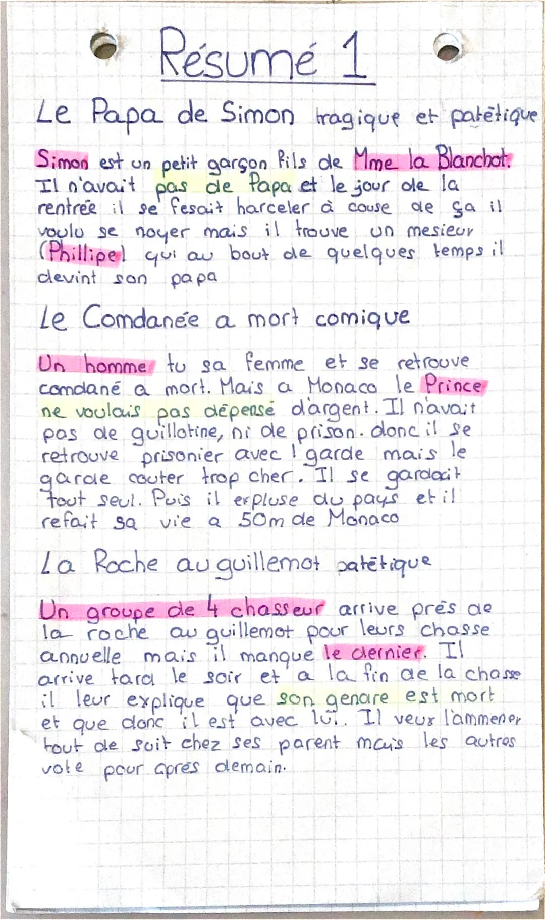 • Résumé 1
Le Papa de Simon tragique et patètique
Simon est un petit garçon fils de Mme la Blanchot.
Il n'avait pas de Papa et le jour de la