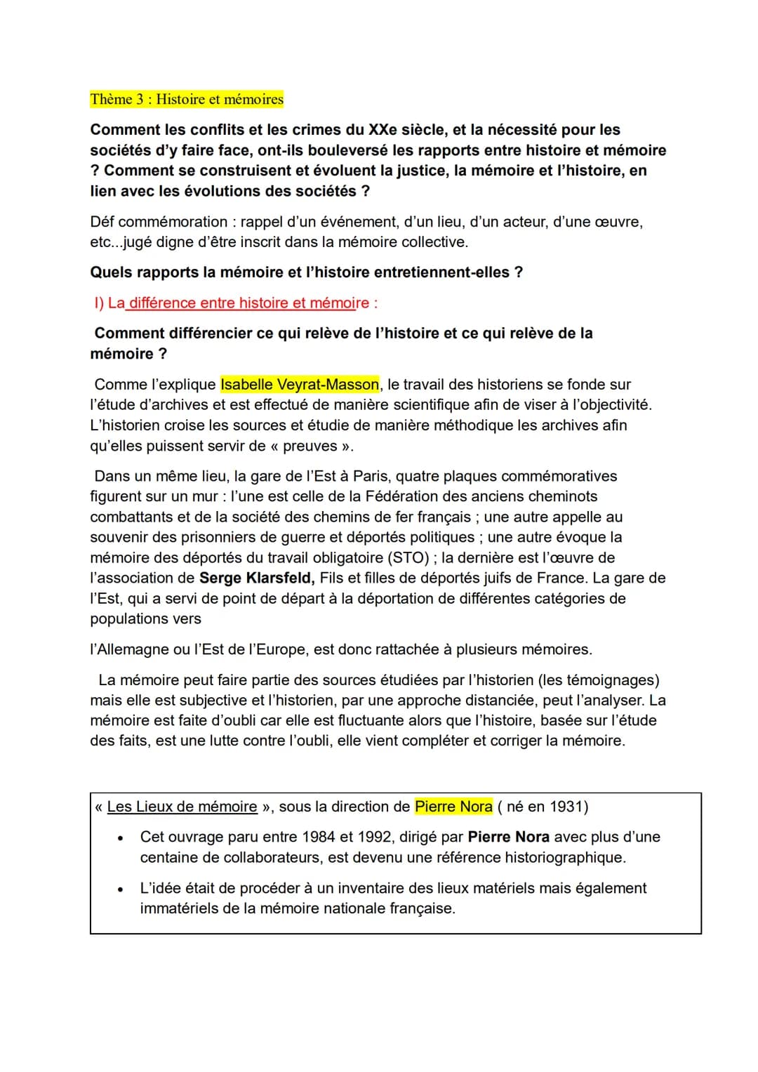 Thème 3 Histoire et mémoires
Comment les conflits et les crimes du XXe siècle, et la nécessité pour les
sociétés d'y faire face, ont-ils bou