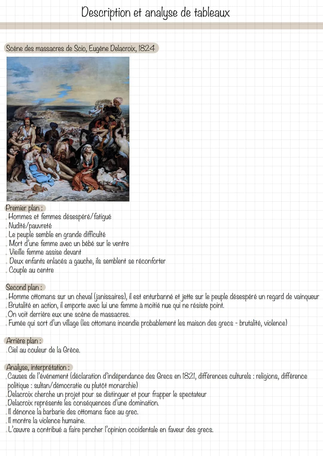 Description et analyse de tableaux
Scène des massacres de Scio, Eugène Delacroix, 1824
Premier plan:
Hommes et femmes désespéré/fatigué
Nudi