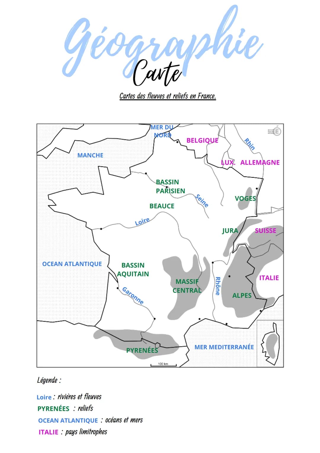 Géographie
MANCHE
OCEAN ATLANTIQUE
Légende :
Loire: rivières et fleuves
PYRENÉES: reliefs
Cartes des fleuves et reliefs en France.
Loire
BAS