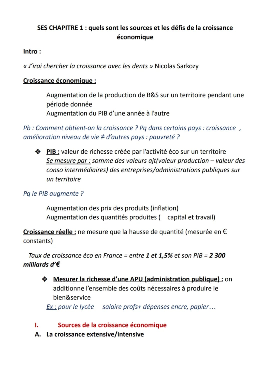 SES CHAPITRE 1 : quels sont les sources et les défis de la croissance
économique
Intro :
<< J'irai chercher la croissance avec les dents » N