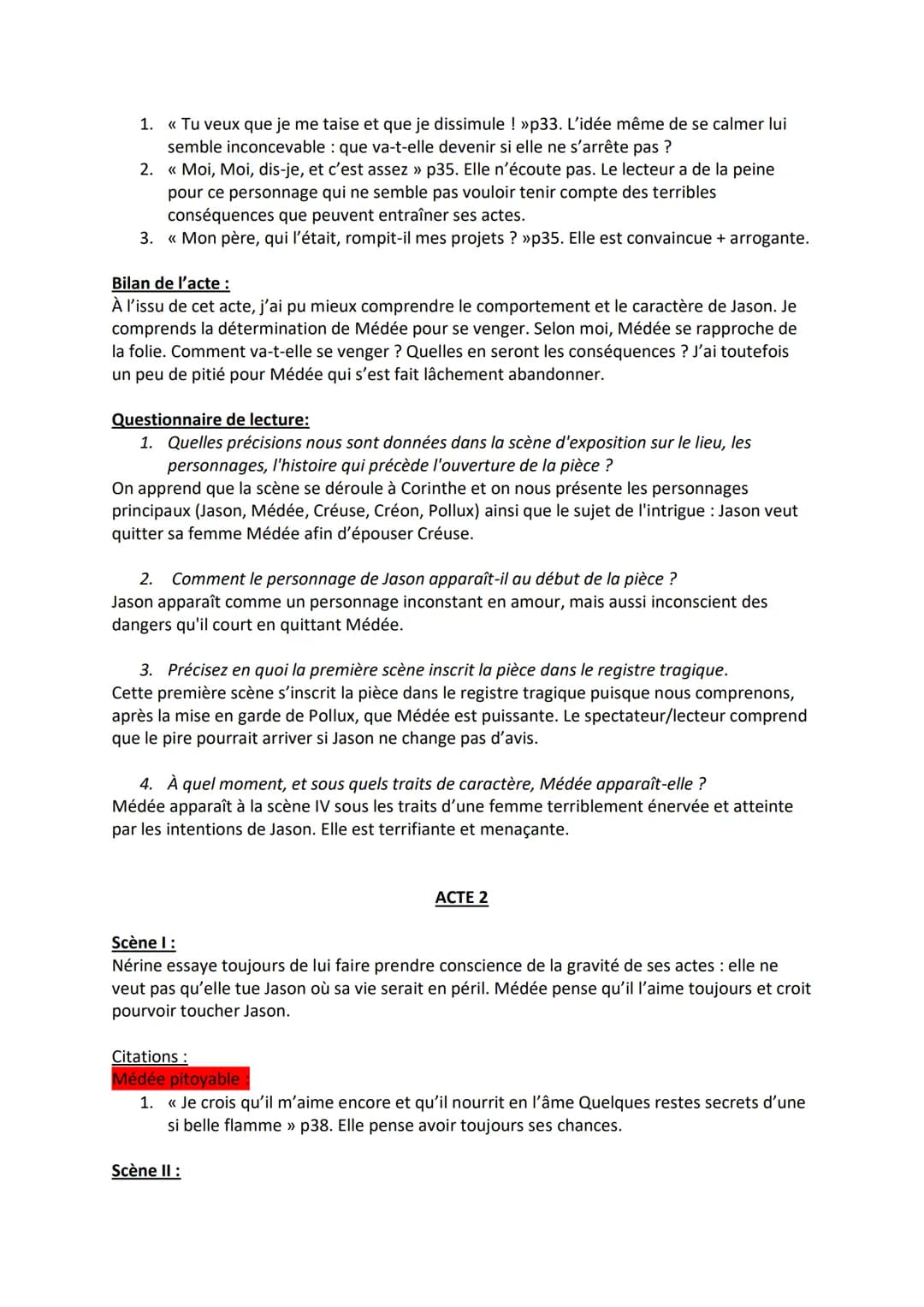 Carnet de lecture :
Médée
Les personnages :
- Jason: Époux de Médée / veut épouser Créuse. Personnage instable, inconstant, hypocrite
mais s