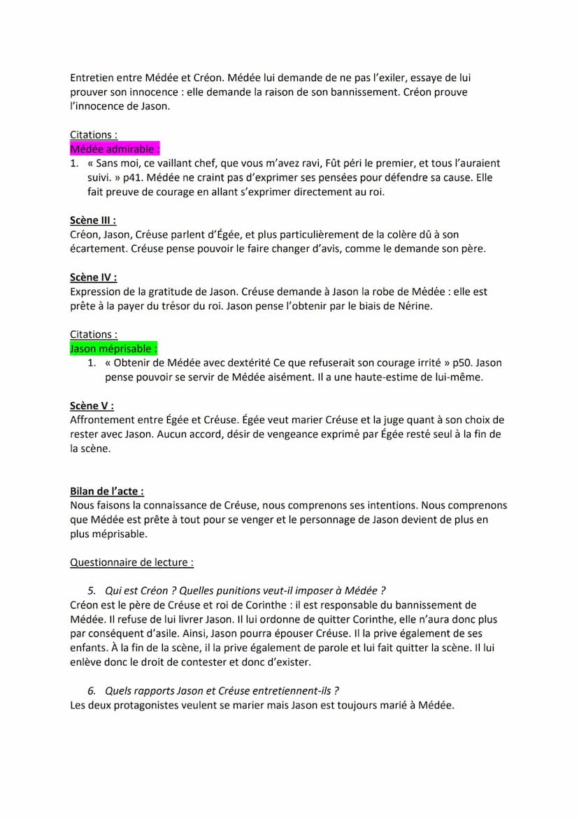Carnet de lecture :
Médée
Les personnages :
- Jason: Époux de Médée / veut épouser Créuse. Personnage instable, inconstant, hypocrite
mais s