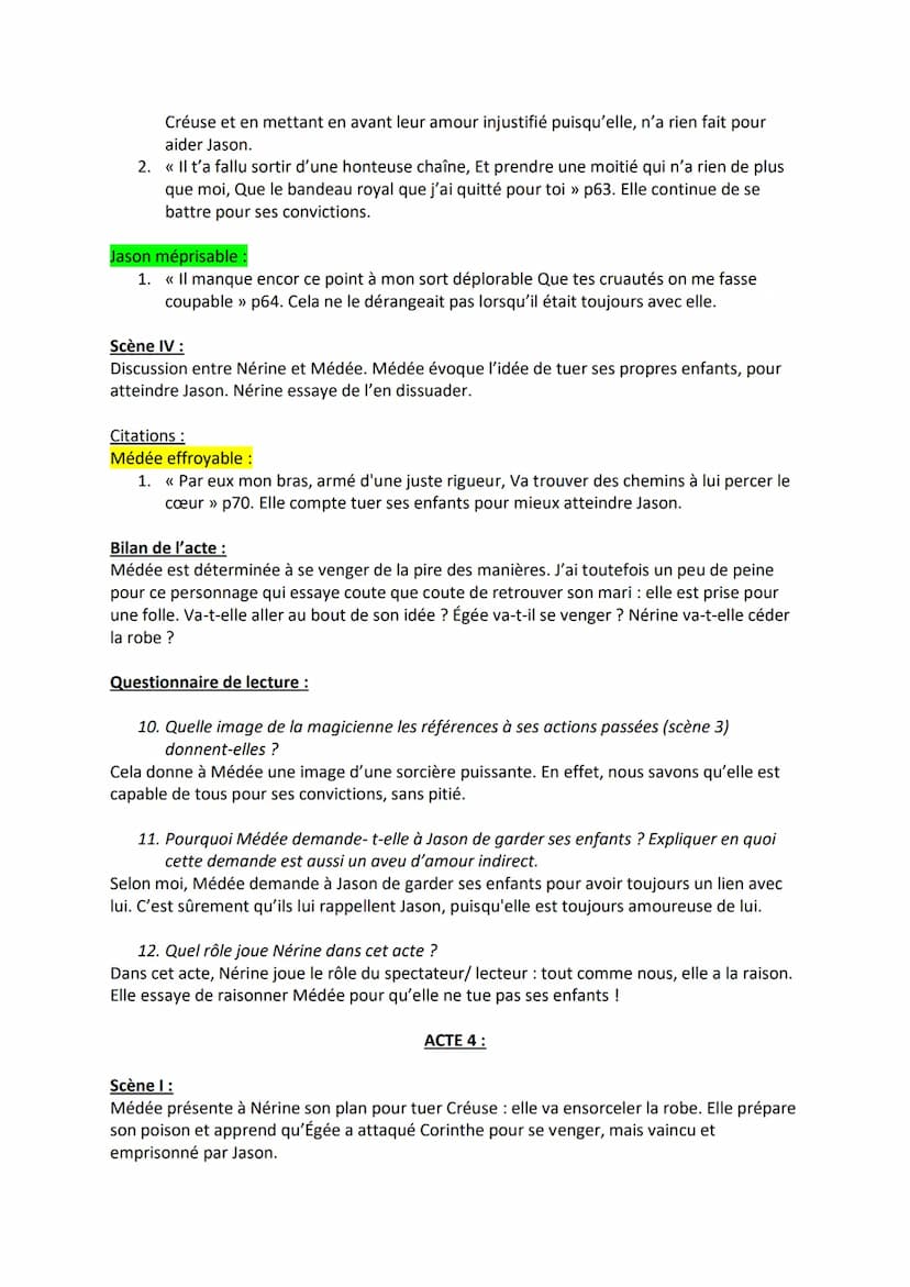 Carnet de lecture :
Médée
Les personnages :
- Jason: Époux de Médée / veut épouser Créuse. Personnage instable, inconstant, hypocrite
mais s