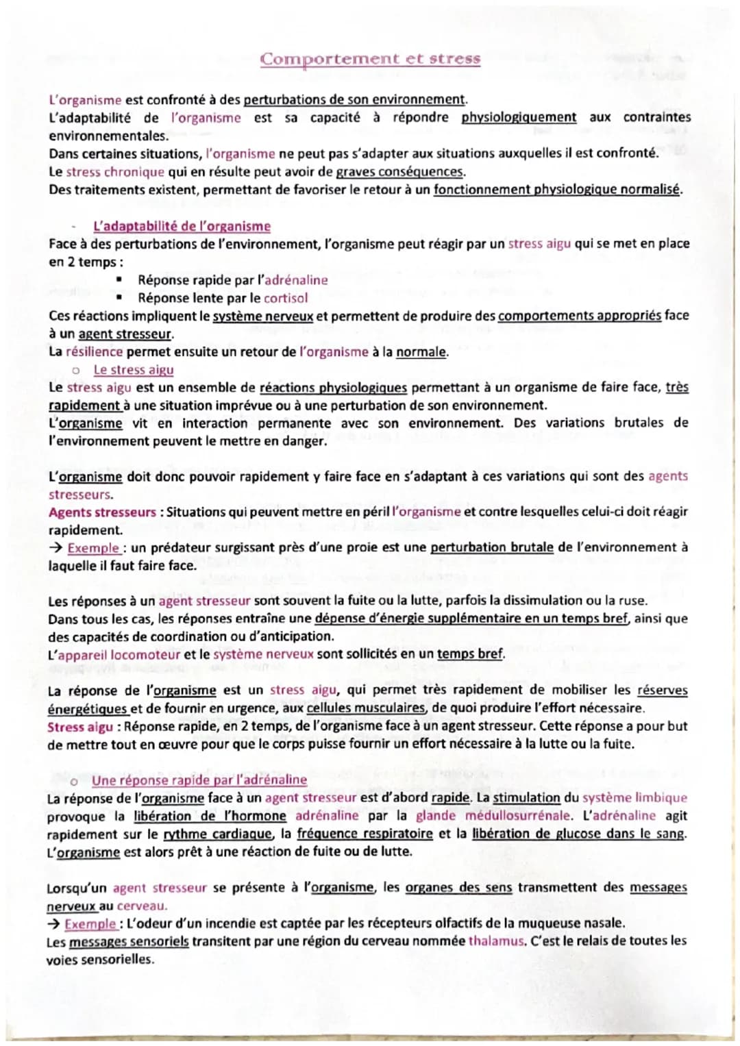 Comportement et stress
L'organisme est confronté à des perturbations de son environnement.
L'adaptabilité de l'organisme est sa capacité à r