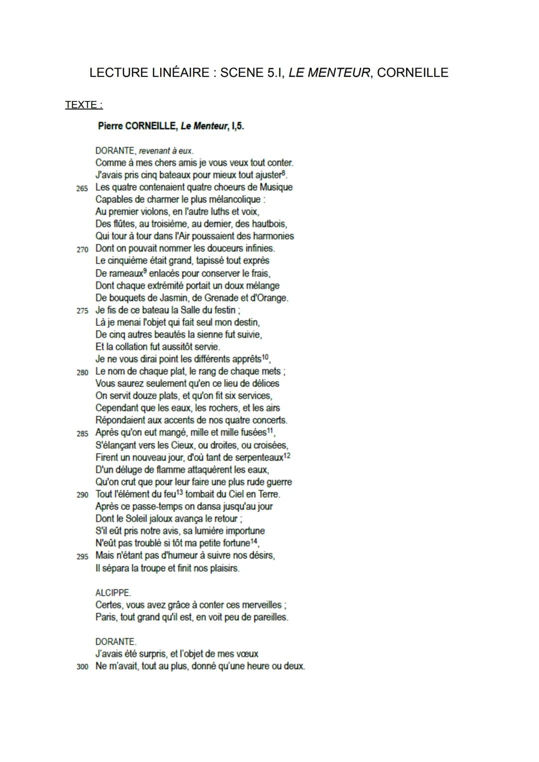LECTURE LINÉAIRE: SCENE 5.1, LE MENTEUR, CORNEILLE
TEXTE:
Pierre CORNEILLE, Le Menteur, 1,5.
DORANTE, revenant à eux.
Comme à mes chers amis