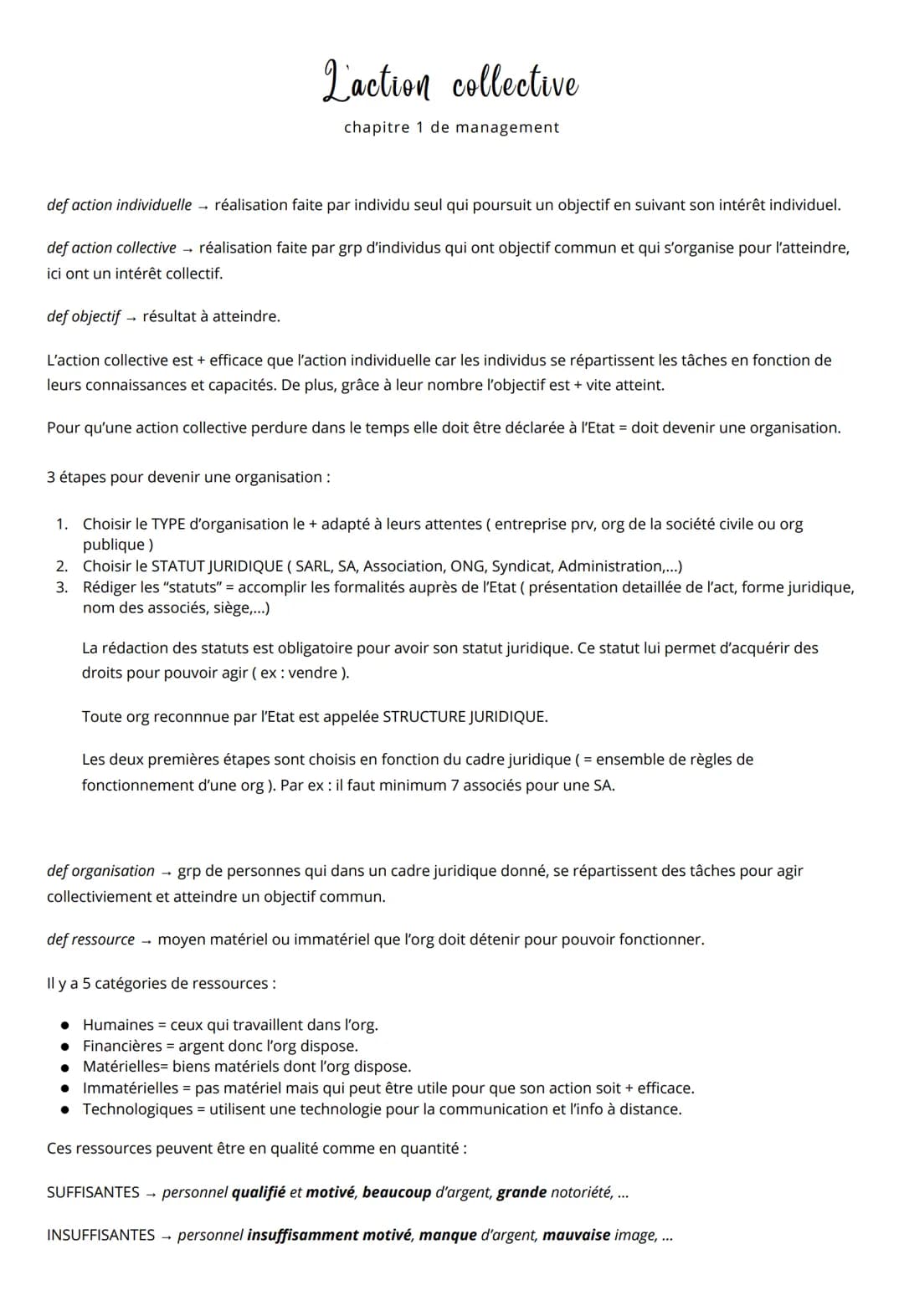 Laction collective
chapitre 1 de management
def action individuelle réalisation faite par individu seul qui poursuit un objectif en suivant 