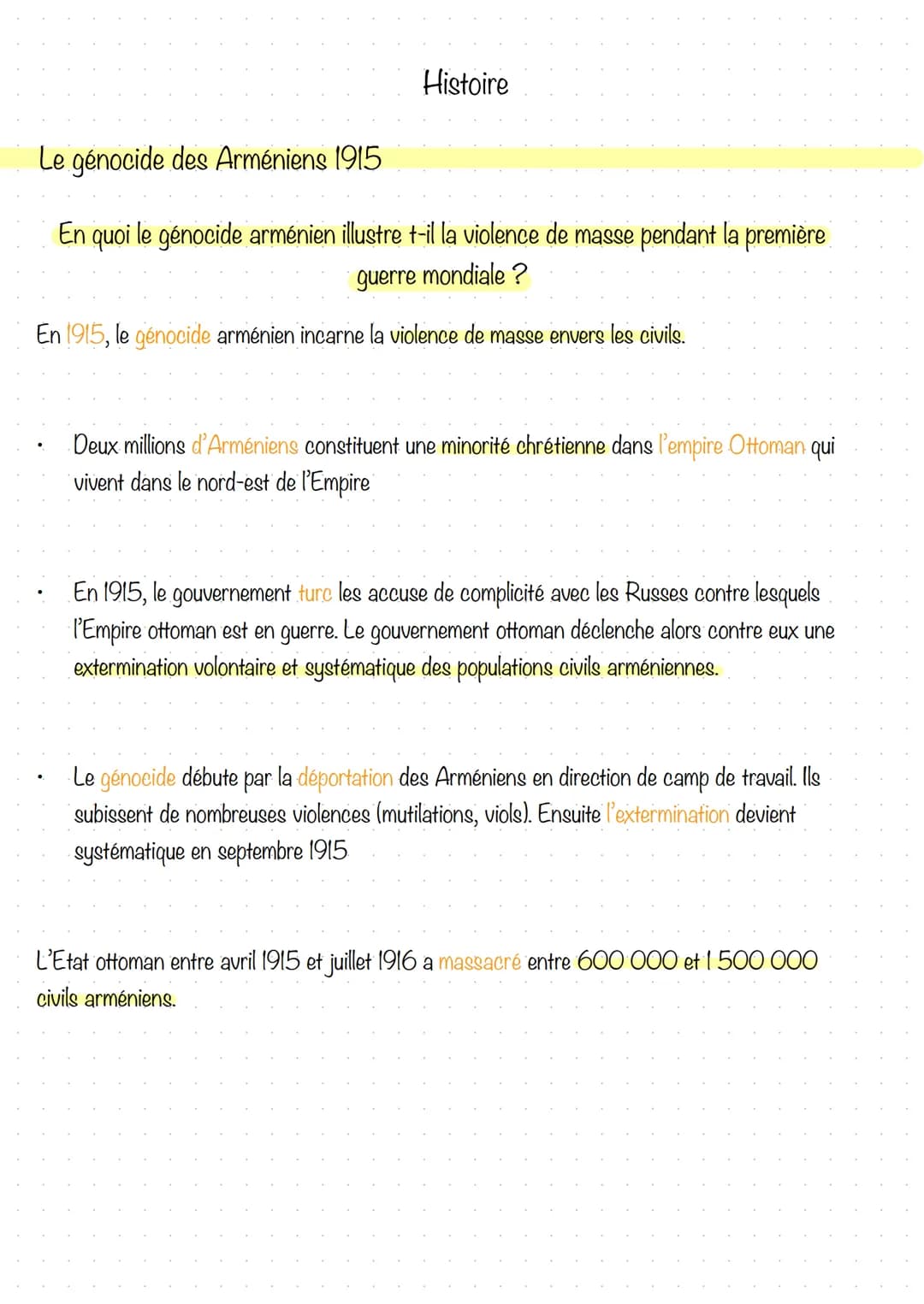 Histoire
Le génocide des Arméniens 1915
En quoi le génocide arménien illustre t-il la violence de masse pendant la première
guerre mondiale 
