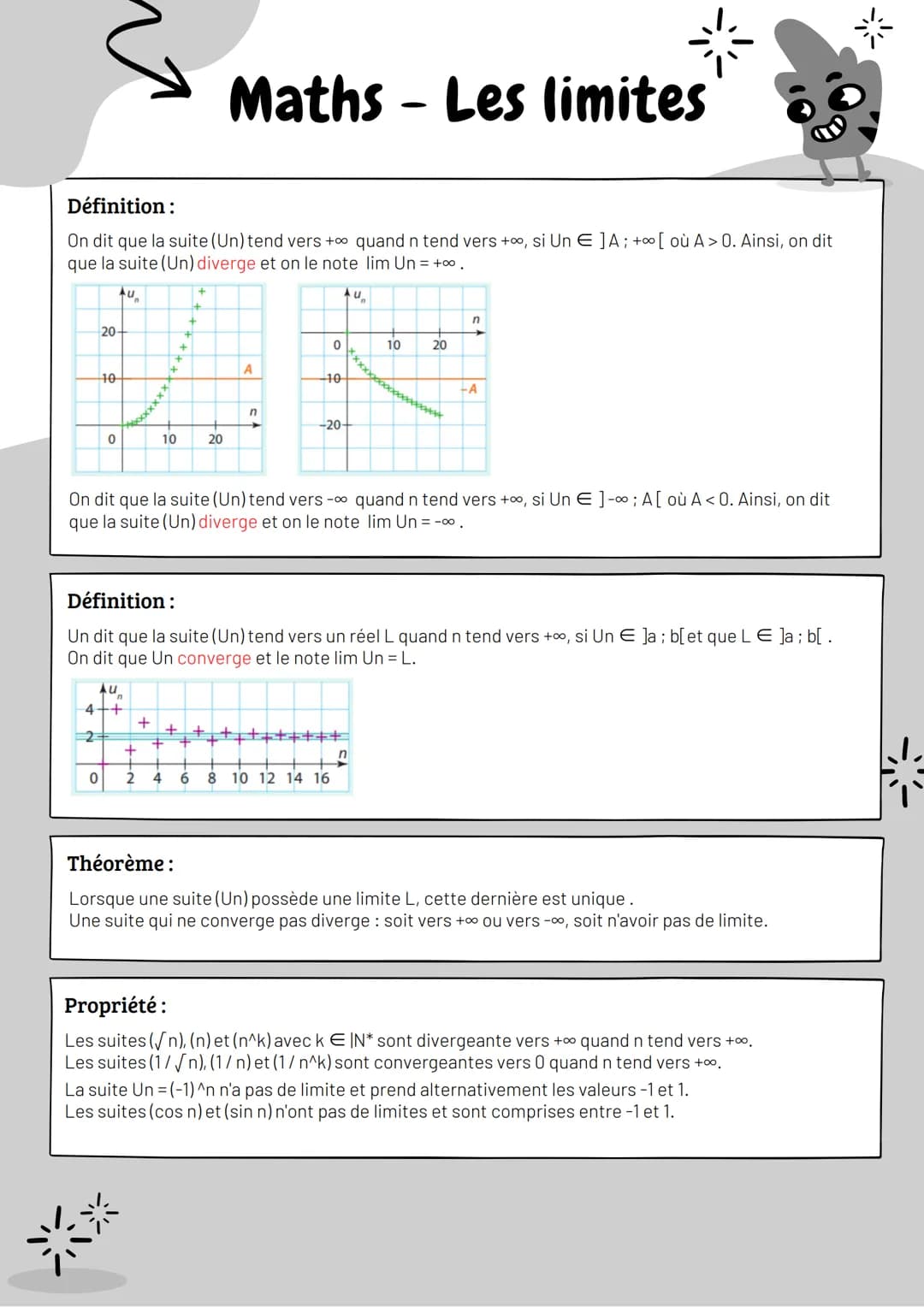 Définition:
On dit que la suite (Un) tend vers +∞ quand n tend vers +∞, si Un E JA; +∞ [où A > 0. Ainsi, on dit
que la suite (Un) diverge et