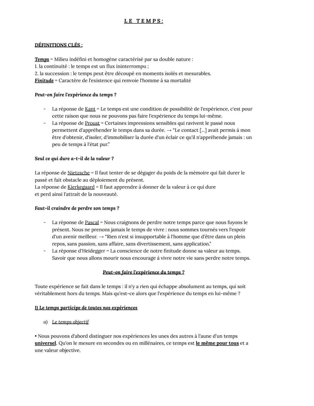 DÉFINITIONS CLÉS :
LE TEMPS:
Temps - Milieu indéfini et homogène caractérisé par sa double nature :
1. la continuité : le temps est un flux 