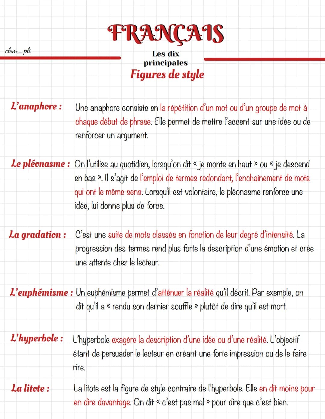 clem_pli
L'anaphore:
FRANÇAIS
Les dix
principales
Figures de style
Une anaphore consiste en la répétition d'un mot ou d'un groupe de mot à
c