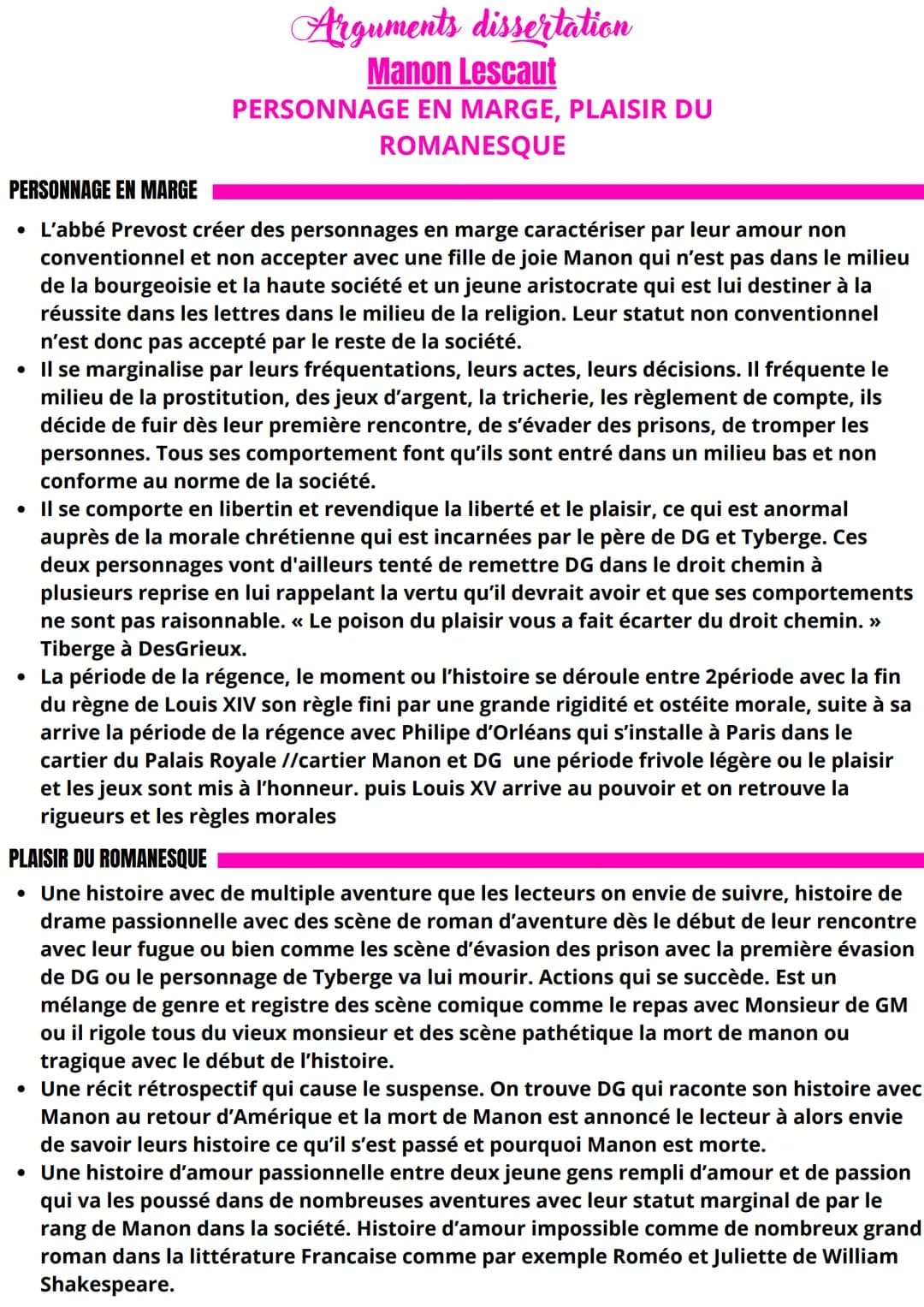 PERSONNAGE EN MARGE
Arguments dissertation
Manon Lescaut
PERSONNAGE EN MARGE, PLAISIR DU
ROMANESQUE
• L'abbé Prevost créer des personnages e