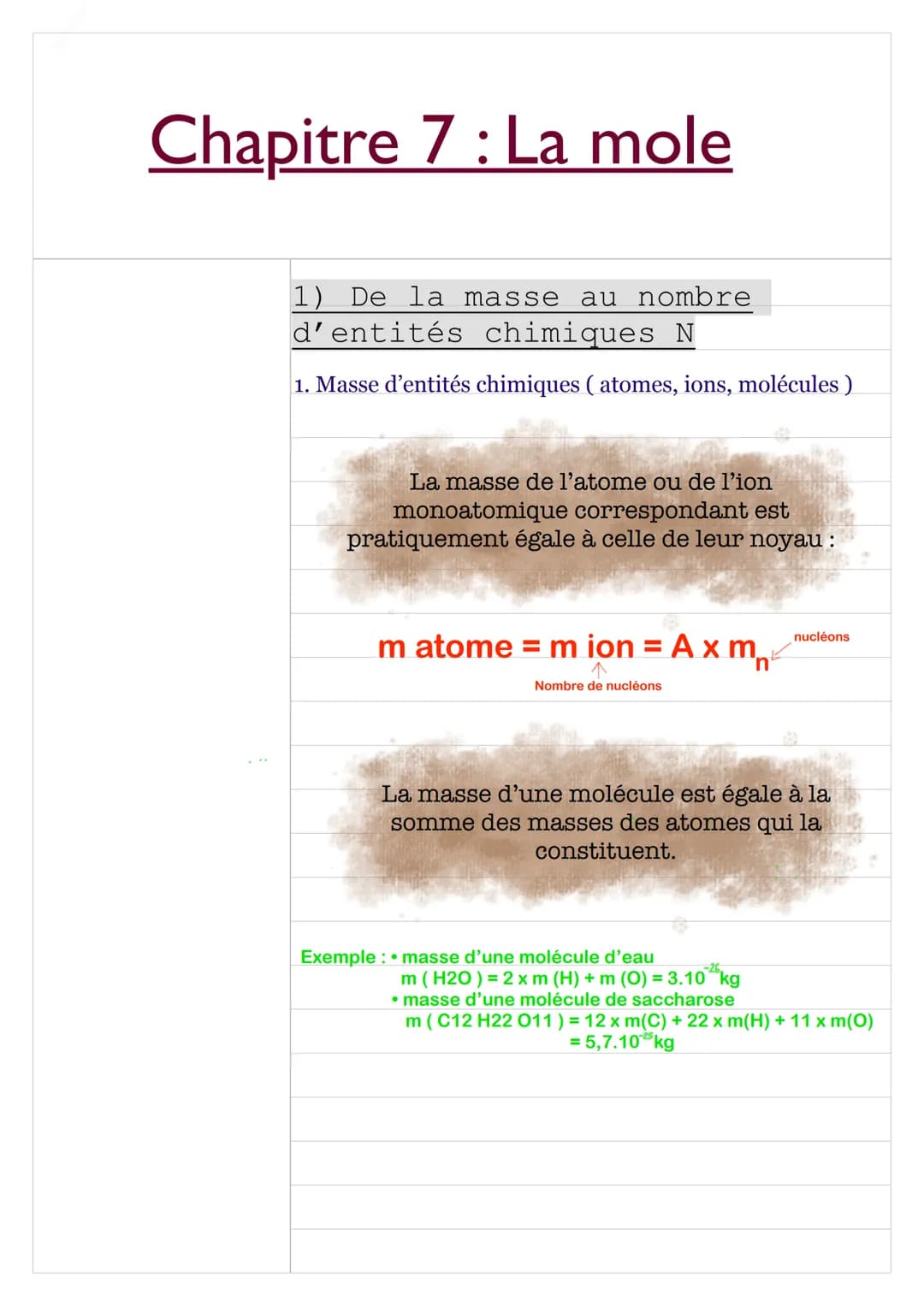 Chapitre 7: La mole
1) De la masse au nombre
d'entités chimiques N
1. Masse d'entités chimiques (atomes, ions, molécules)
de
La masse de l'a