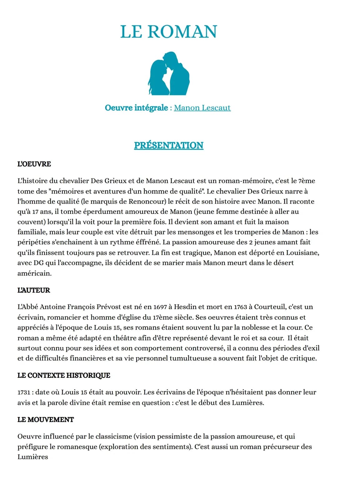 ROMAN - œuvre intégrale : Manon Lescaut 
