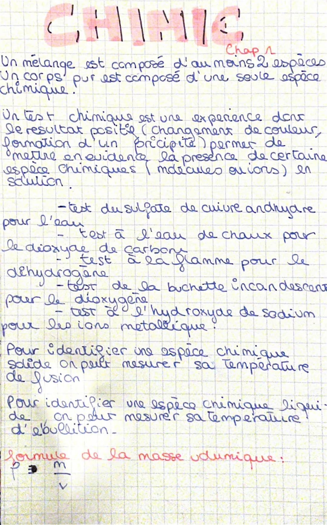 Lie
спарл
Un mélange est composé d'au moins 2 espèces
Un corps pur est composé d'une seule espèce
chimique!
Un test chimique est une experie