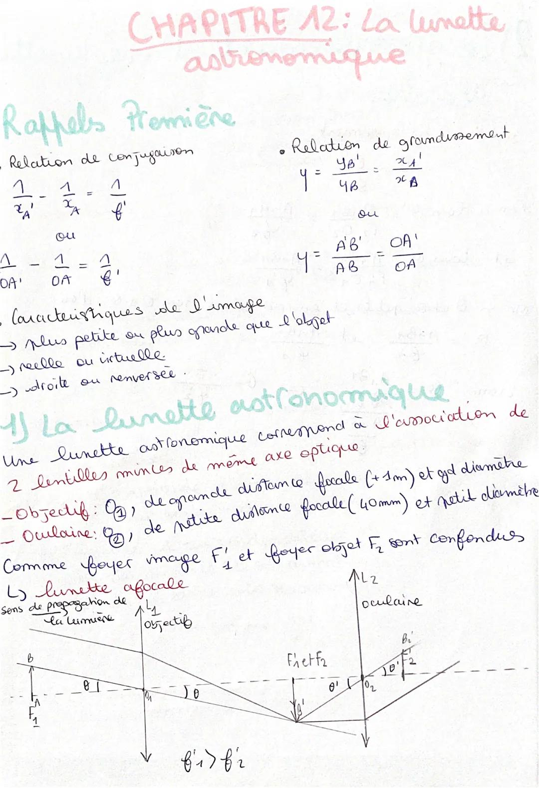 2) Le grossissement d'une lunette
afocale.

Sort & le grossissement
$6= \frac{\Theta'}{\Theta}$

On a $tan \Theta' = \frac{A_1B_1}{F_2 O_2} 