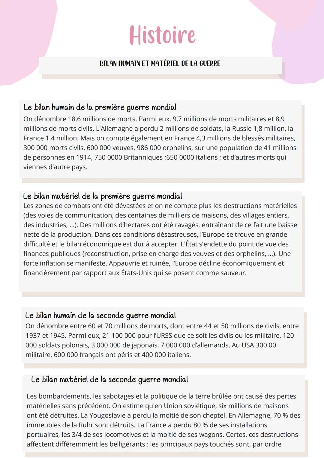 # Histoire

BILAN HUMAIN ET MATÉRIEL DE LA GUERRE

Le bilan humain de la première guerre mondial

On dénombre 18,6 millions de morts. Parmi 
