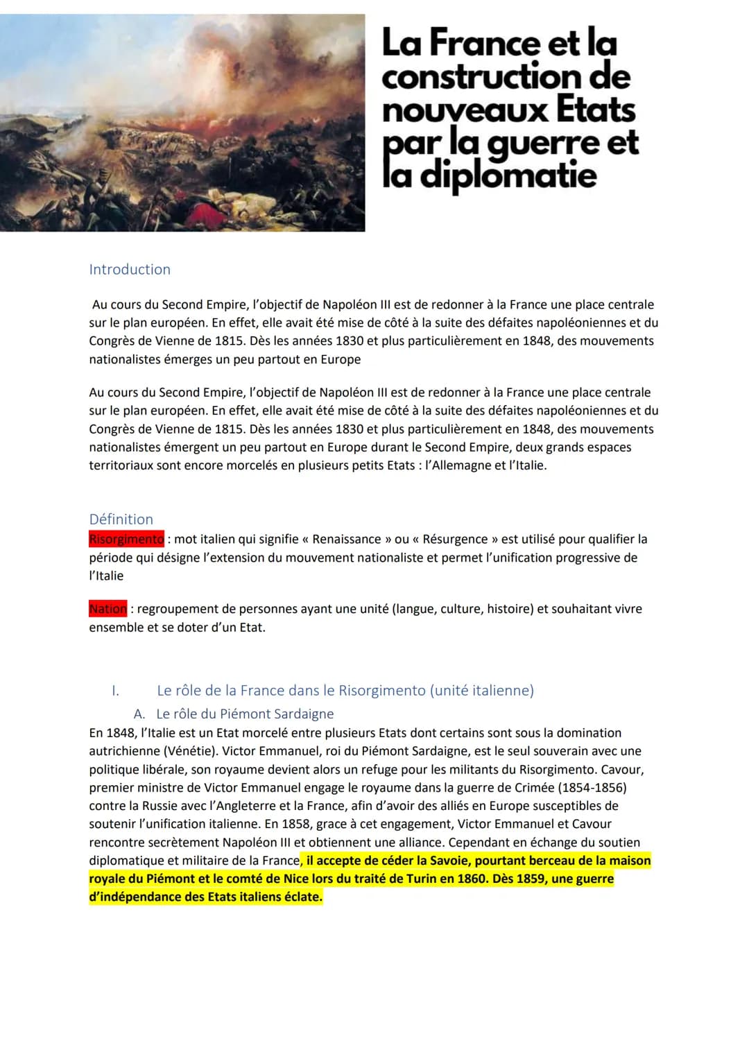 Introduction
La France et la
construction de
nouveaux Etats
par la guerre et
la diplomatie
Au cours du Second Empire, l'objectif de Napoléon