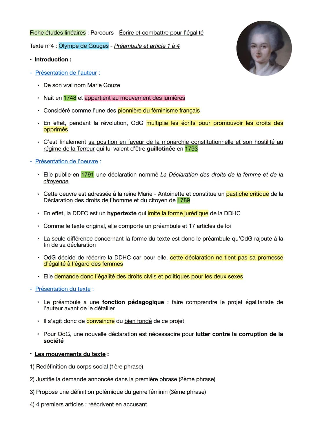 Fiche études linéaires : Parcours - Écrire et combattre pour l'égalité
Texte n°4 : Olympe de Gouges - Préambule et article 1 à 4
• Introduct