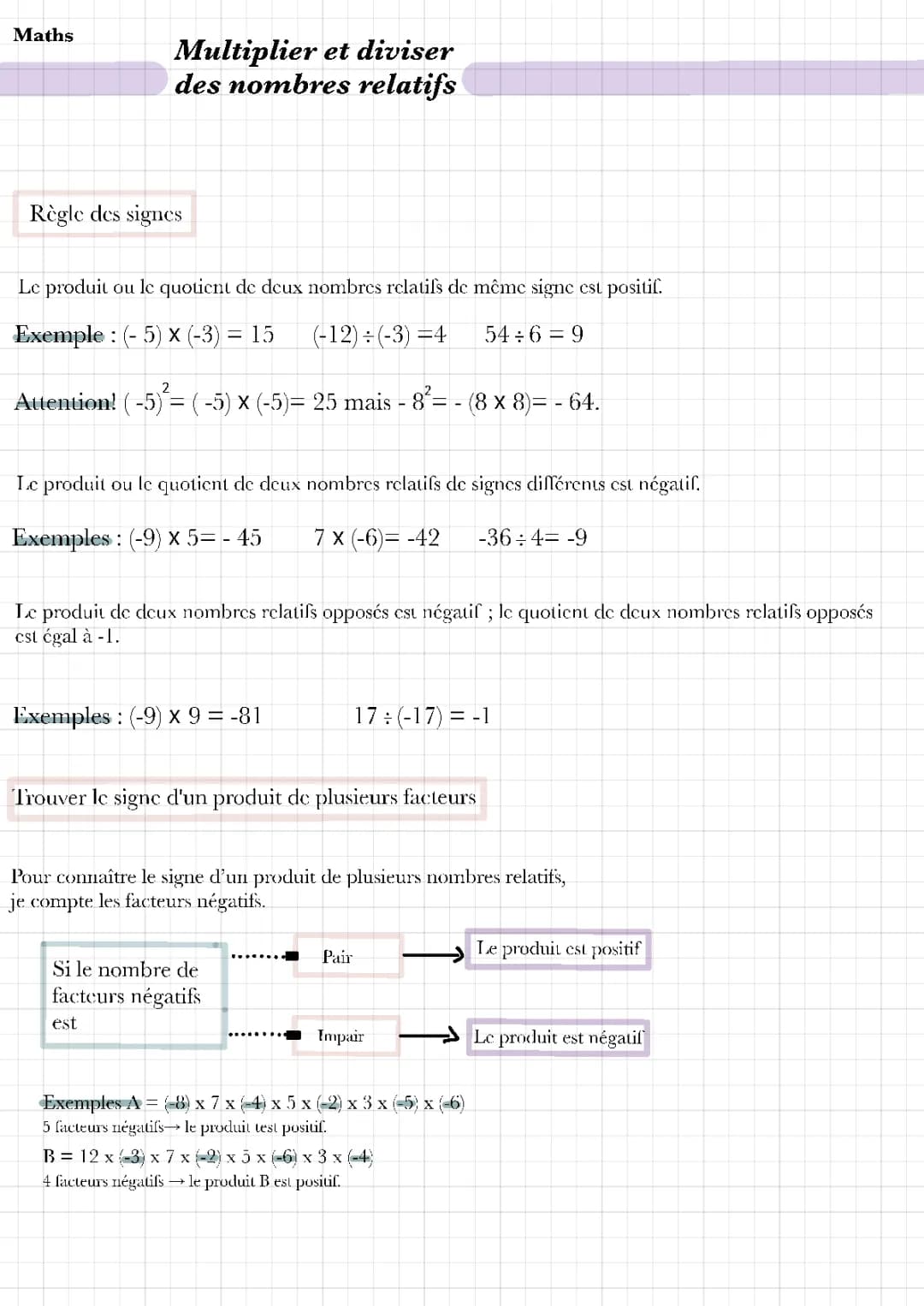 Maths : Multiplier et diviser des nombres relatifs 