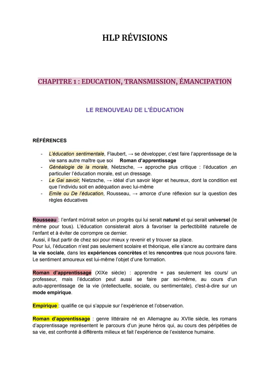 HLP RÉVISIONS
CHAPITRE 1: EDUCATION, TRANSMISSION, ÉMANCIPATION
RÉFÉRENCES
LE RENOUVEAU DE L'ÉDUCATION
L'éducation sentimentale, Flaubert, →